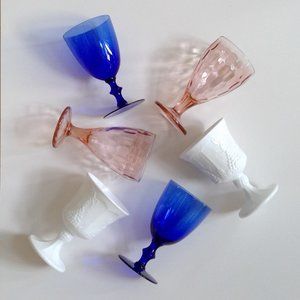 Vintage Assorted Mismatched Pink, Blue, Milk Glass Water Goblets / Wine glasses